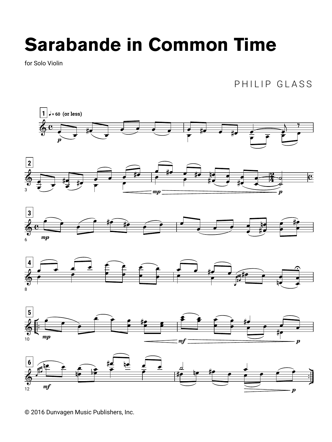 Philip Glass Sarabande in Common Time sheet music notes and chords arranged for Violin Solo