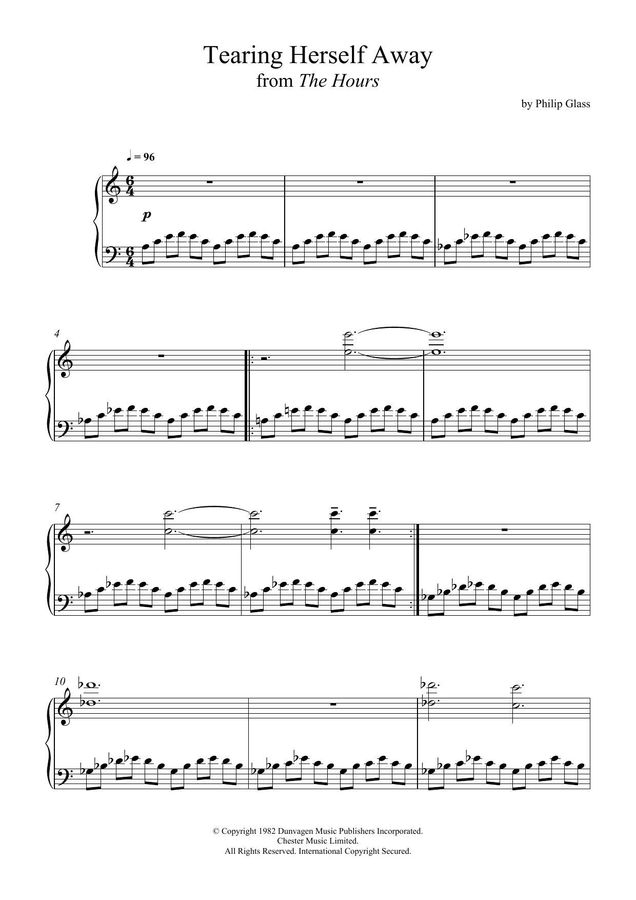 Philip Glass Tearing Herself Away (from 'The Hours') sheet music notes and chords arranged for Piano Solo