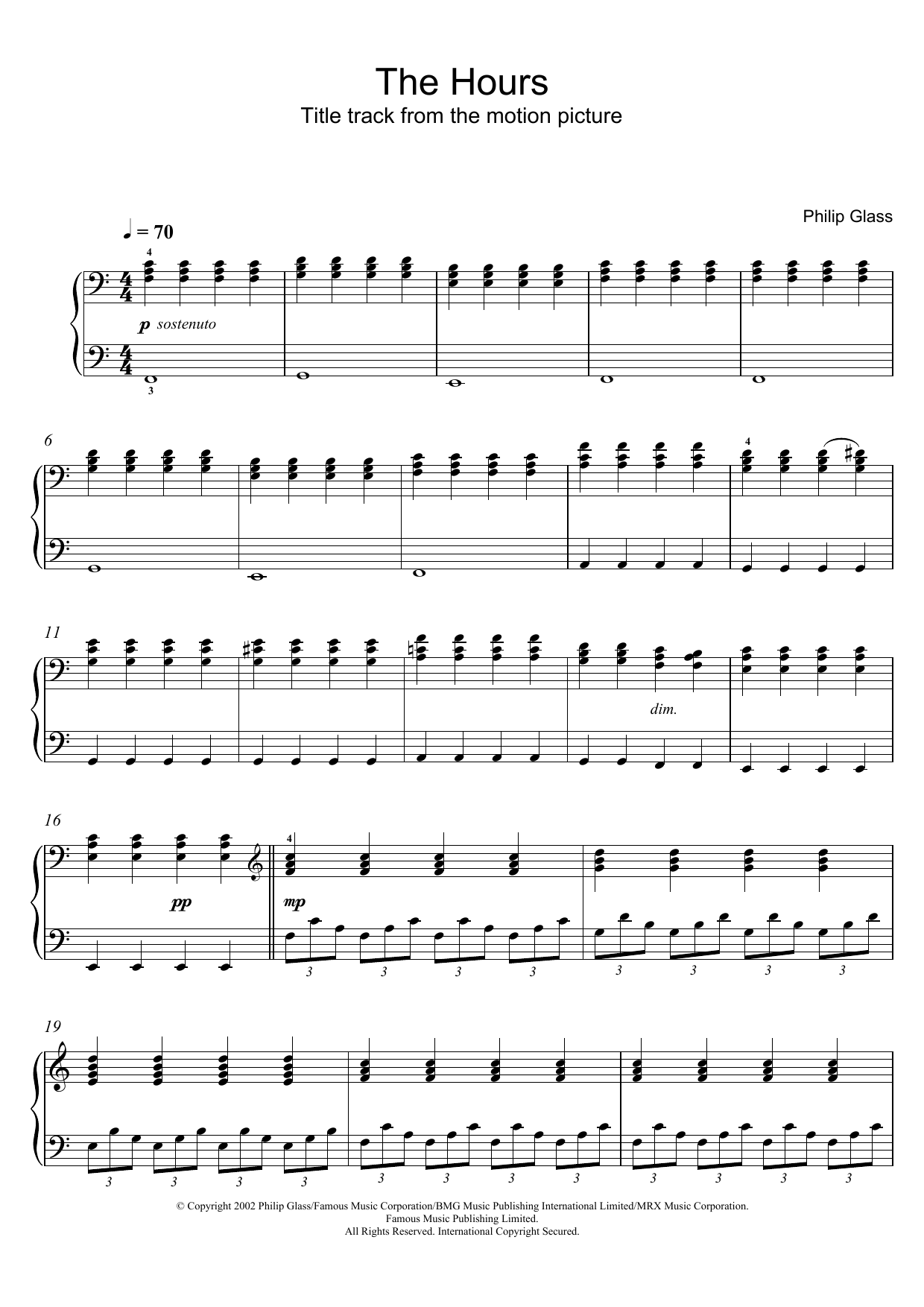 Philip Glass The Hours sheet music notes and chords arranged for Piano Solo