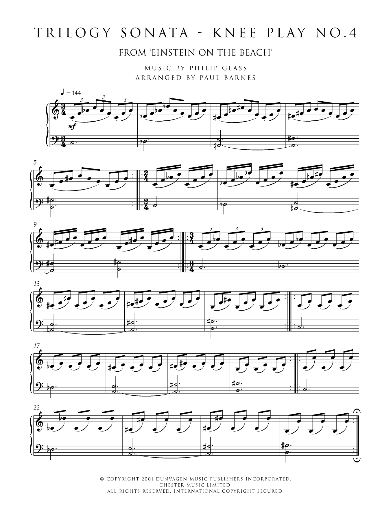 Philip Glass Trilogy Sonata - Knee Play No. 4 (from 'Einstein On The Beach') sheet music notes and chords arranged for Piano Solo