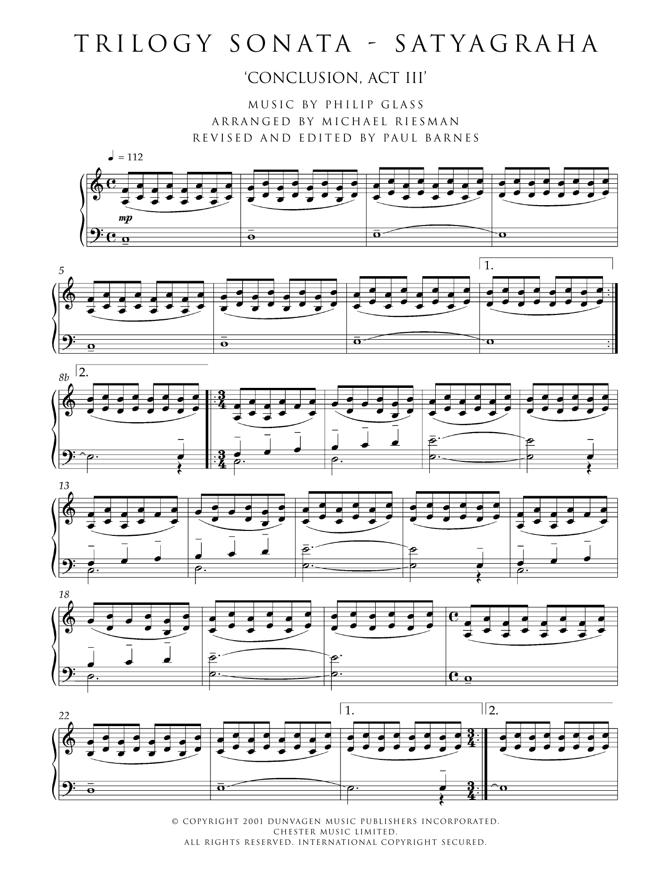 Philip Glass Trilogy Sonata - Satyagraha (Conclusion, Act III) sheet music notes and chords arranged for Piano Solo