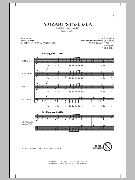 Philip Kern Mozart's Fa-La-La sheet music notes and chords arranged for SAB Choir