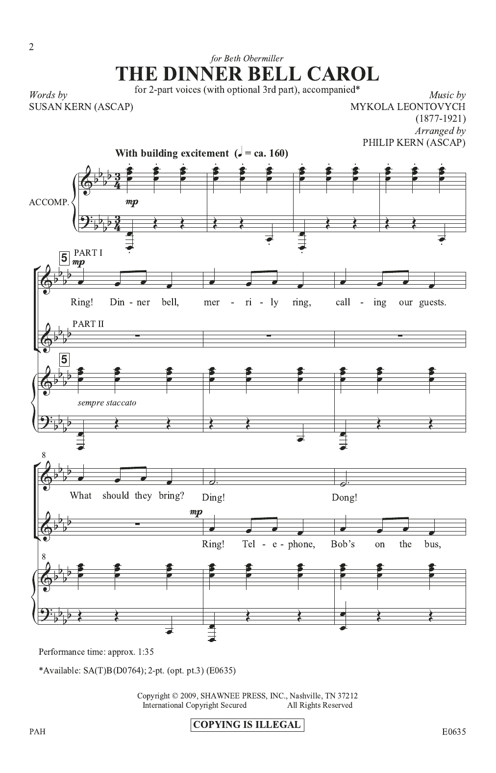 Philip Kern The Dinner Bell Carol sheet music notes and chords arranged for 2-Part Choir