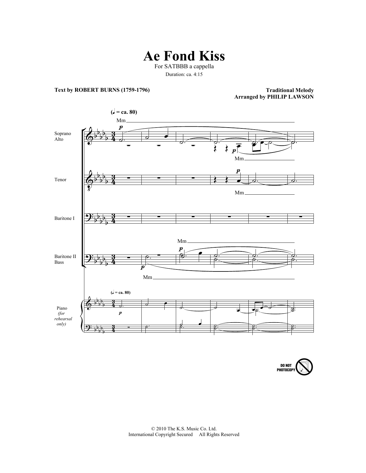Philip Lawson Ae Fond Kiss sheet music notes and chords arranged for SATB Choir