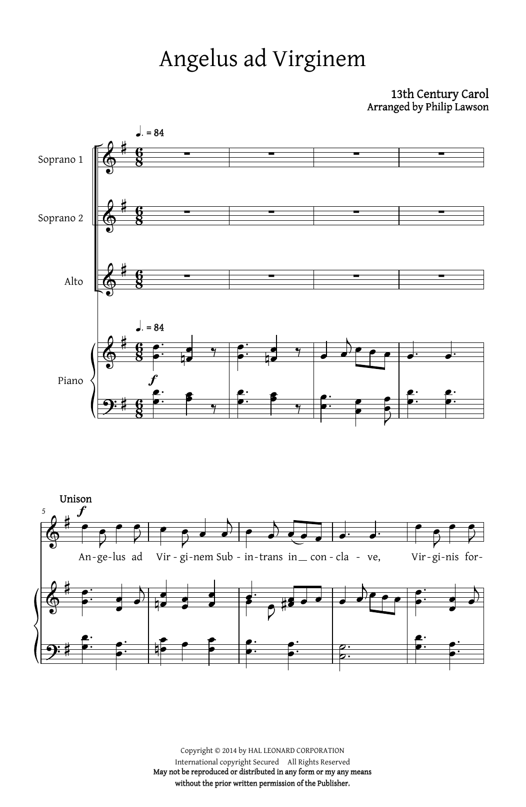 Philip Lawson Angelus Ad Virginem sheet music notes and chords arranged for SSA Choir