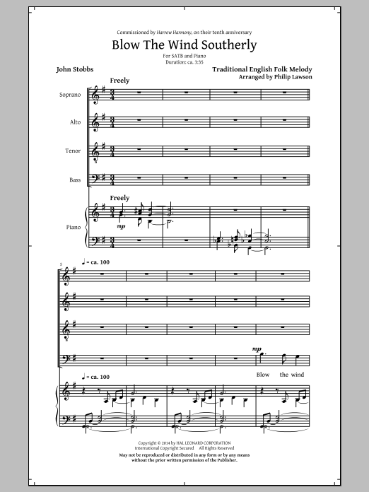 Philip Lawson Blow The Wind Southerly sheet music notes and chords arranged for SATB Choir