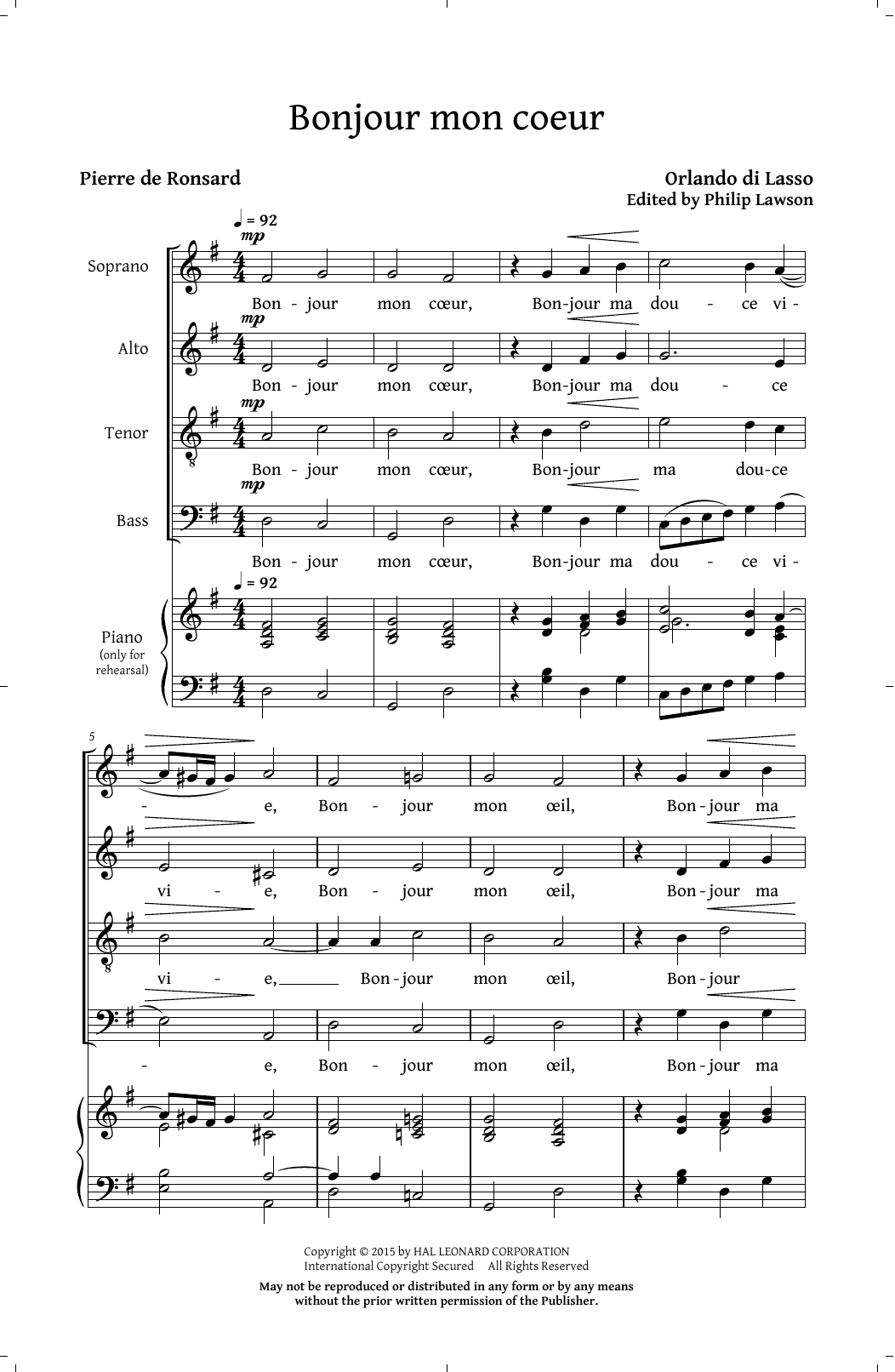 Philip Lawson Bonjour Mon Coeur sheet music notes and chords arranged for SATB Choir