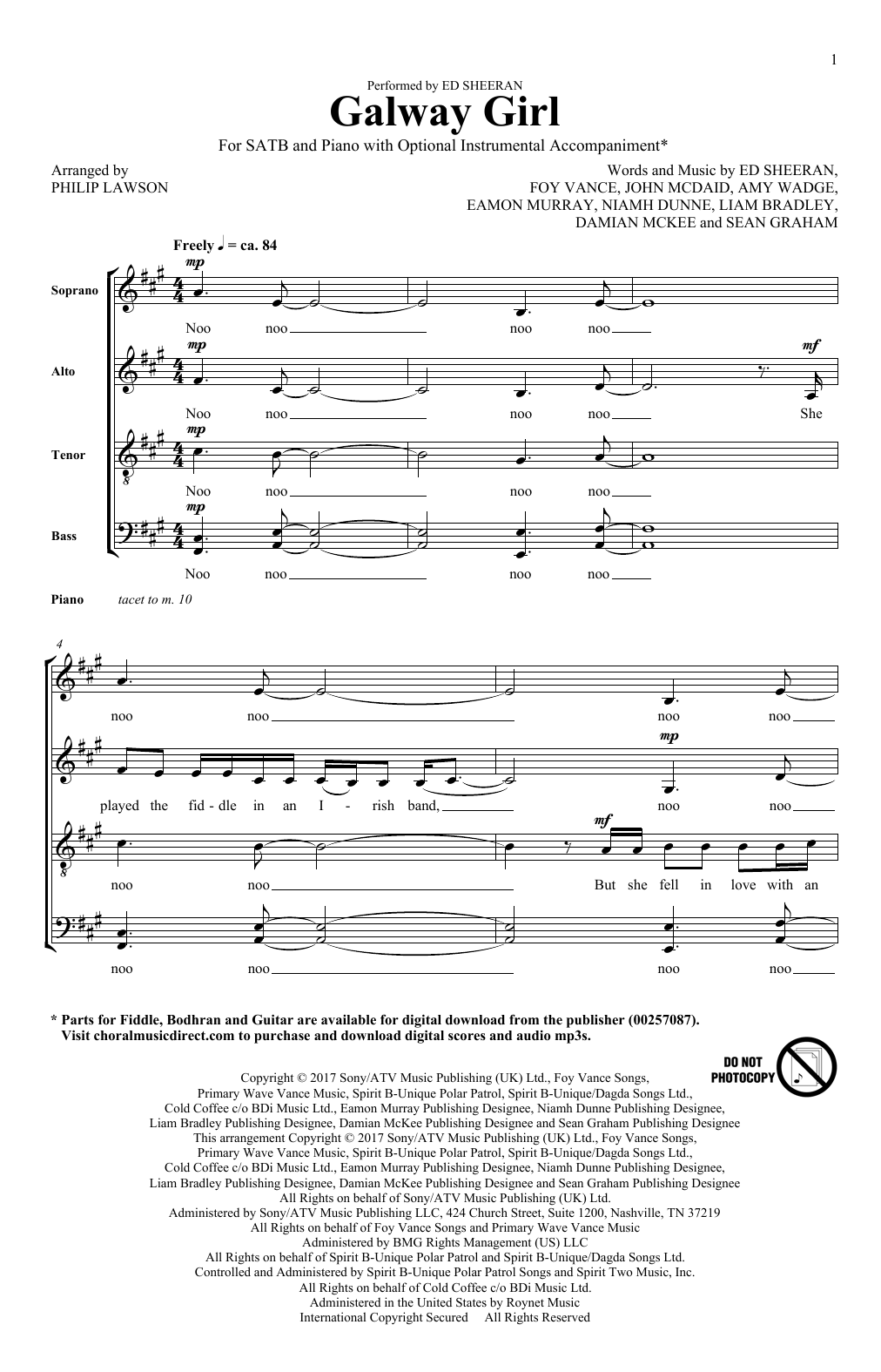 Philip Lawson Galway Girl sheet music notes and chords arranged for SATB Choir