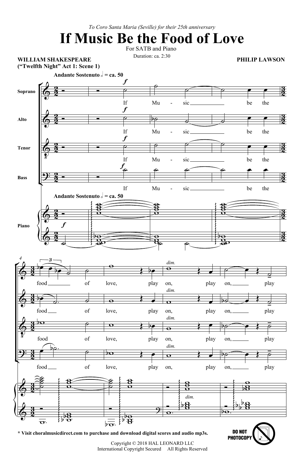 Philip Lawson If Music Be The Food Of Love sheet music notes and chords arranged for SATB Choir