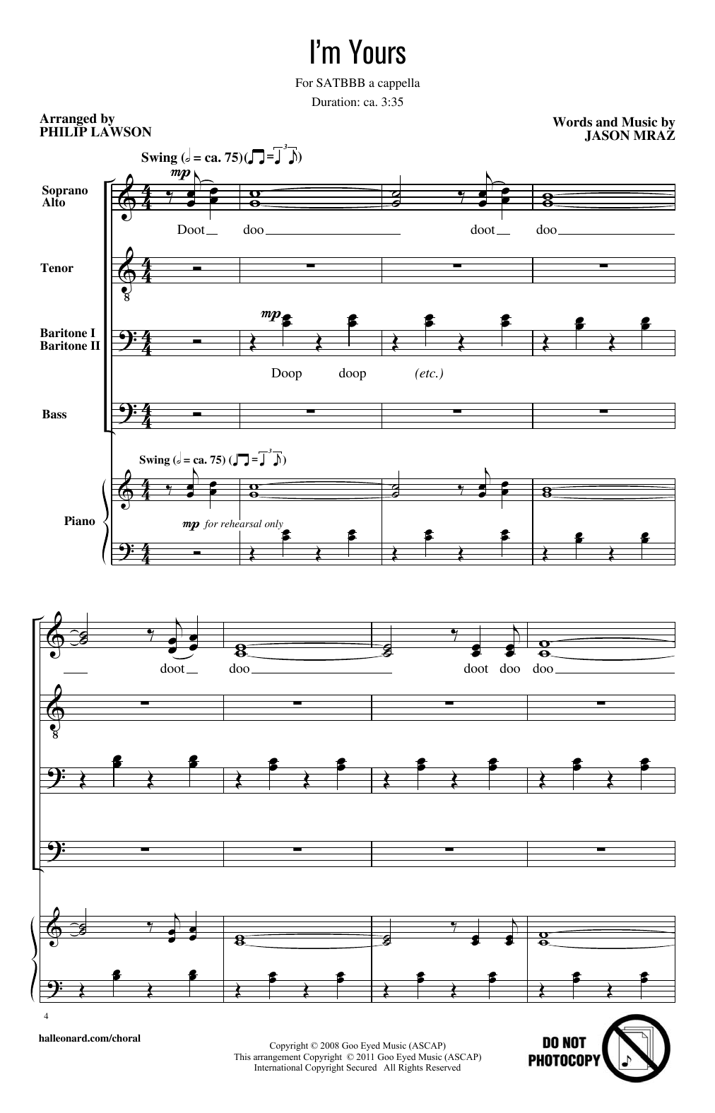 Philip Lawson I'm Yours sheet music notes and chords arranged for SATB Choir