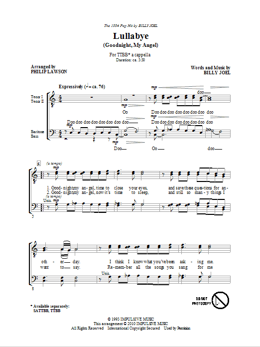 Philip Lawson Lullabye (Goodnight, My Angel) sheet music notes and chords arranged for TTBB Choir