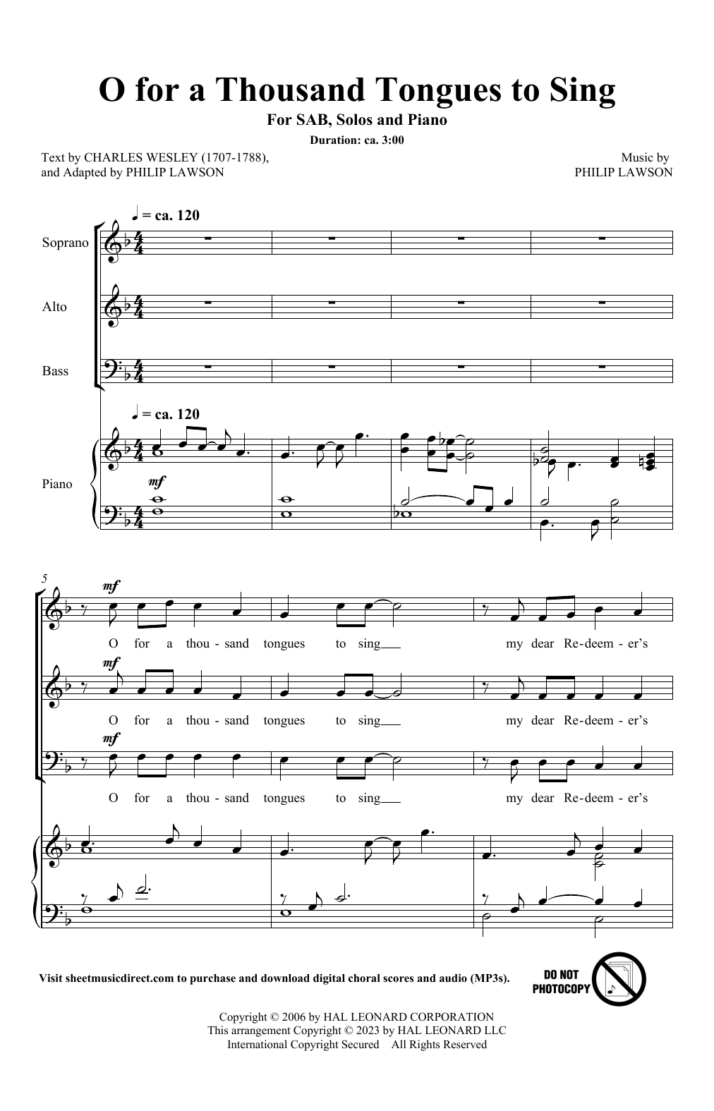 Philip Lawson O For A Thousand Tongues To Sing sheet music notes and chords arranged for SAB Choir