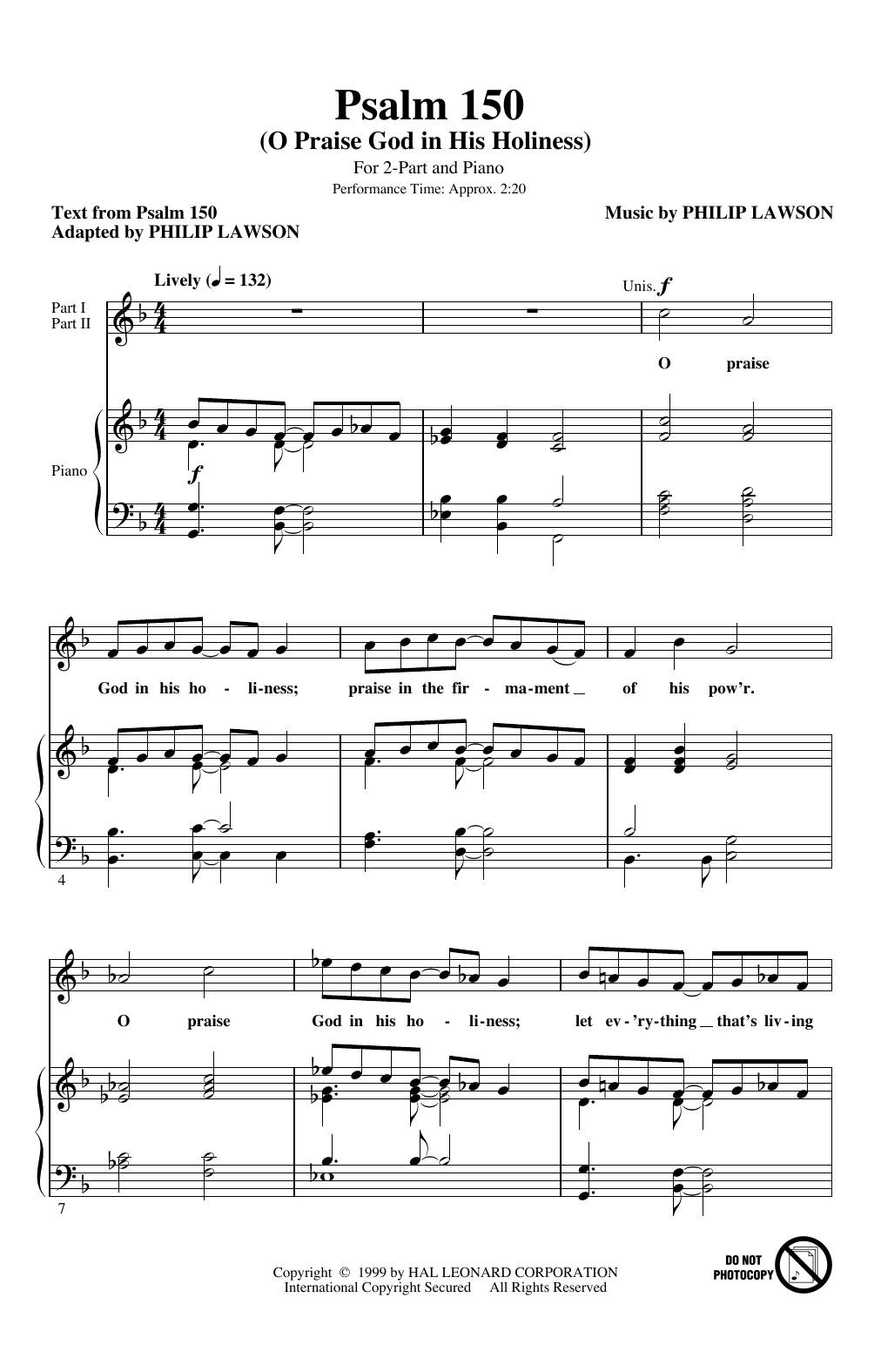 Philip Lawson Psalm 150 (O Praise God in His Holiness) sheet music notes and chords arranged for 2-Part Choir