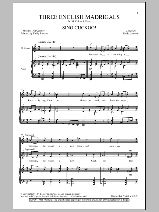 Philip Lawson Three English Madrigals sheet music notes and chords arranged for 2-Part Choir