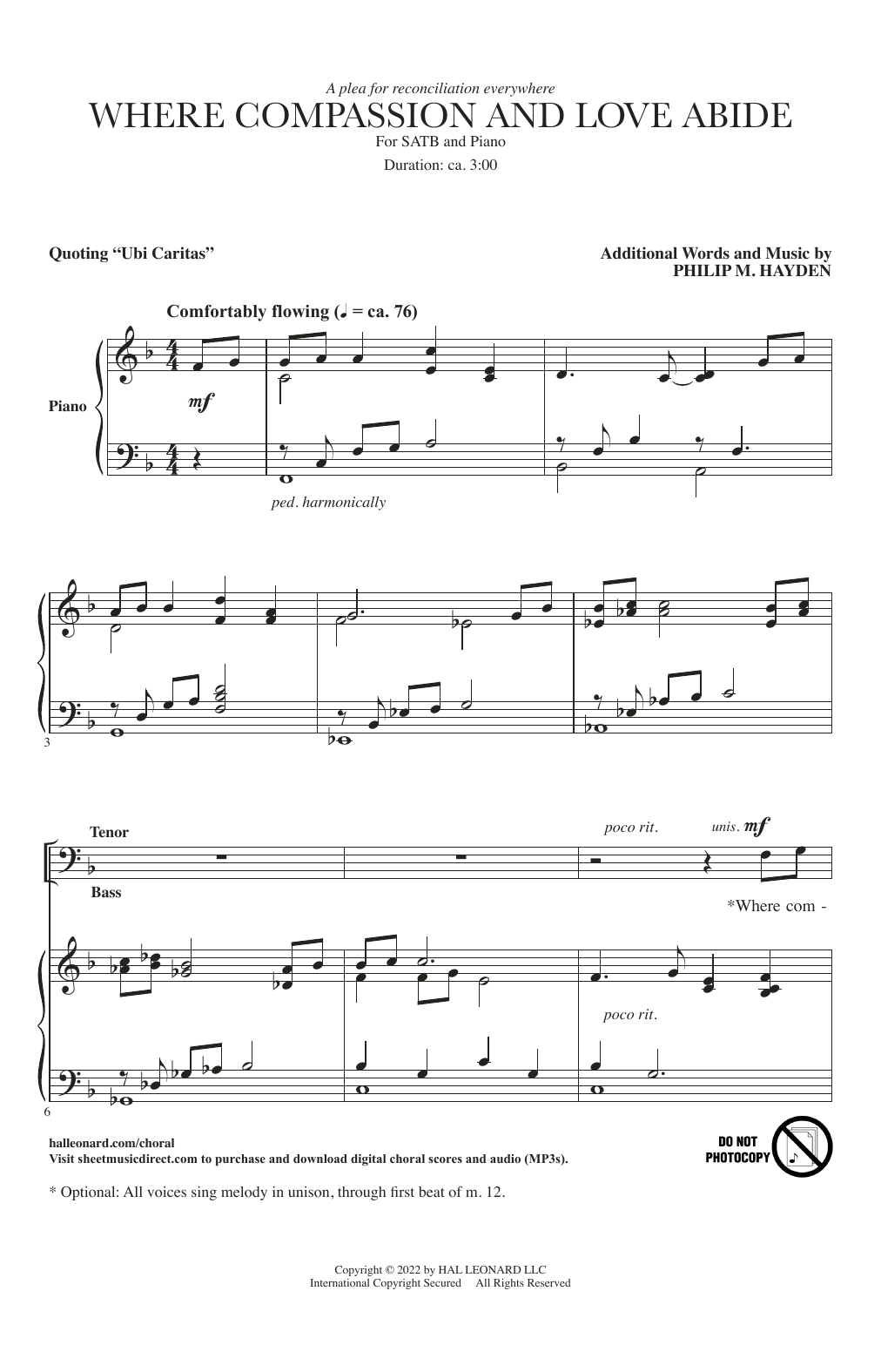 Philip M. Hayden Where Compassion And Love Abide (Ubi Caritas) sheet music notes and chords arranged for SATB Choir