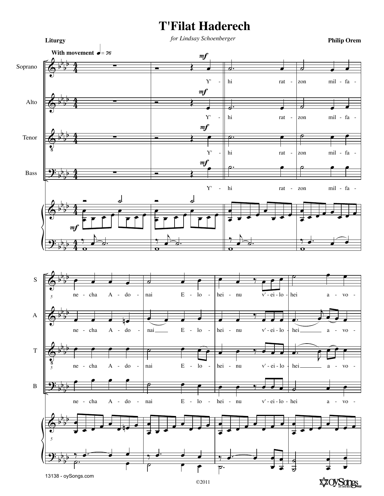 Philip Orem T'filat Haderach sheet music notes and chords arranged for SATB Choir