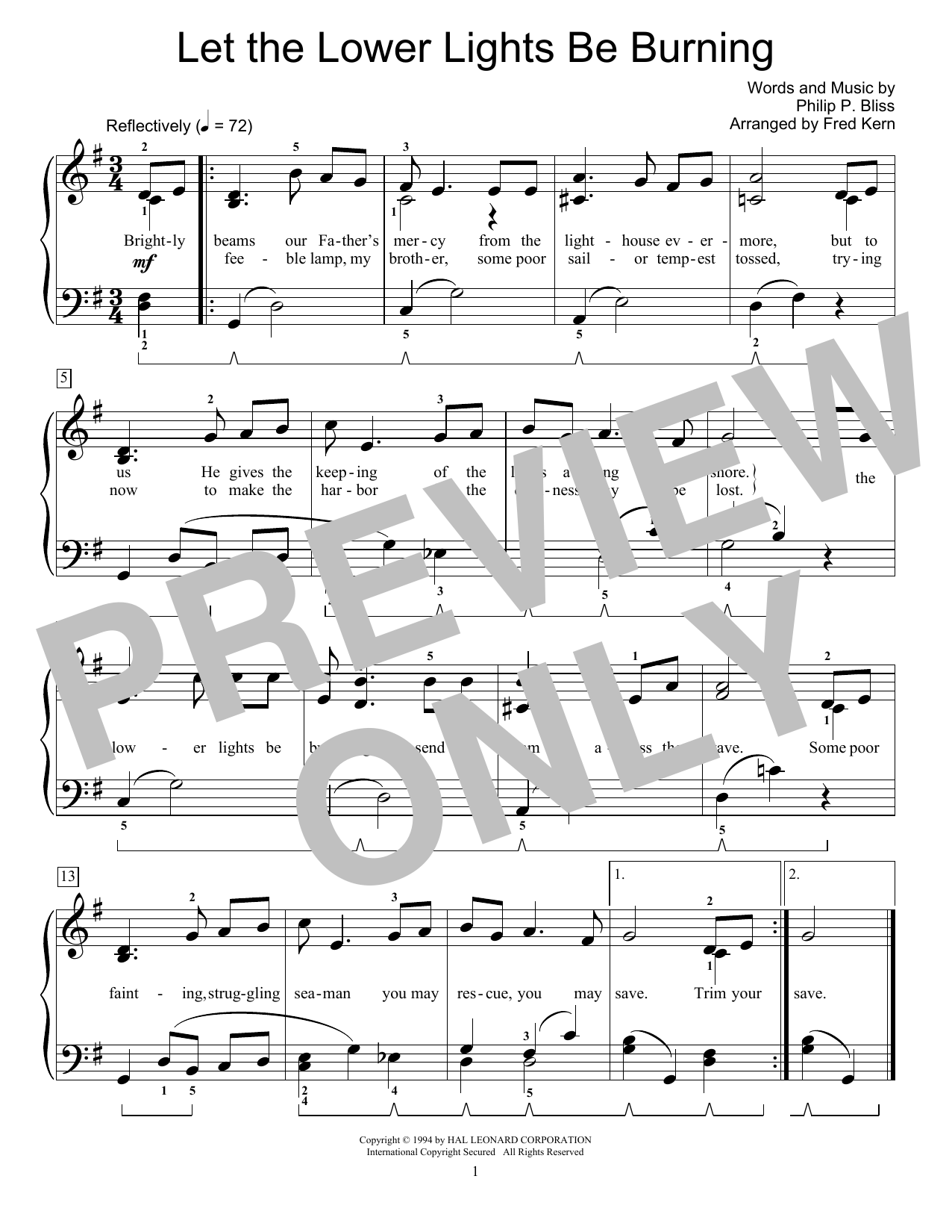 Philip P. Bliss Let The Lower Lights Be Burning (arr. Fred Kern) sheet music notes and chords arranged for Educational Piano