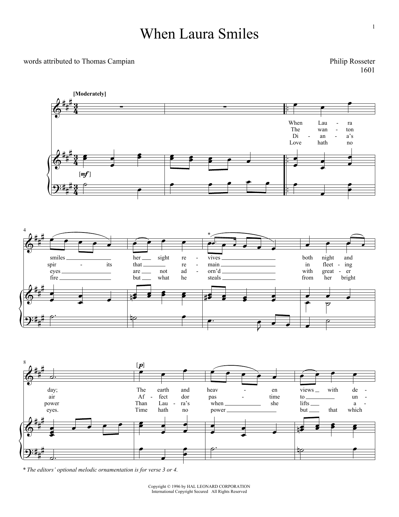 Philip Rosseter When Laura Smiles sheet music notes and chords arranged for Piano & Vocal