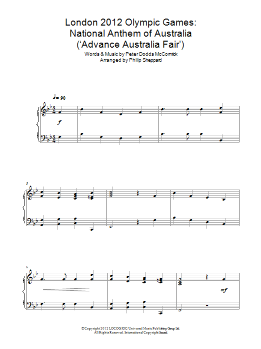 Philip Sheppard London 2012 Olympic Games: National Anthem Of Australia ('Advance Australia Fair') sheet music notes and chords arranged for Piano Solo