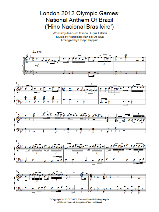 Philip Sheppard London 2012 Olympic Games: National Anthem Of Brazil ('Hino Nacional Brasileiro') sheet music notes and chords arranged for Piano Solo
