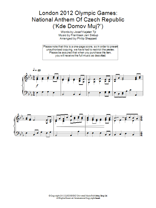 Philip Sheppard London 2012 Olympic Games: National Anthem Of Czech Republic ('Kde Domov Muj?') sheet music notes and chords arranged for Piano Solo