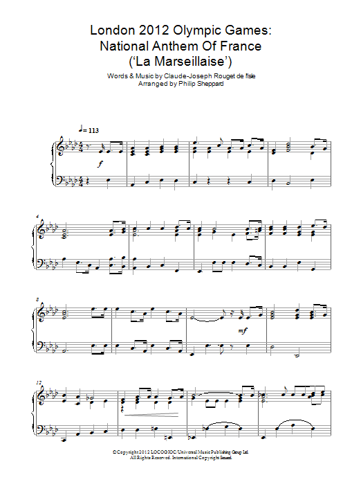 Philip Sheppard London 2012 Olympic Games: National Anthem Of France ('La Marseillaise') sheet music notes and chords arranged for Piano Solo