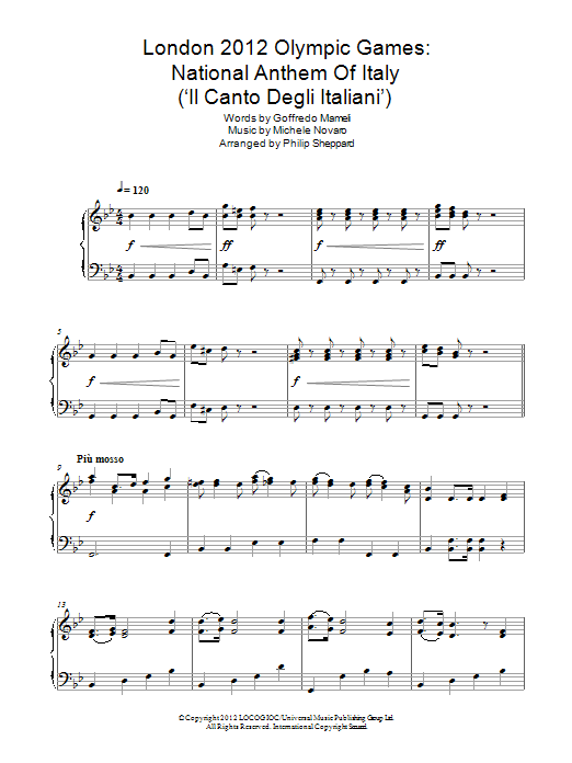 Philip Sheppard London 2012 Olympic Games: National Anthem Of Italy ('Il Canto Degli Italiani') sheet music notes and chords arranged for Piano Solo