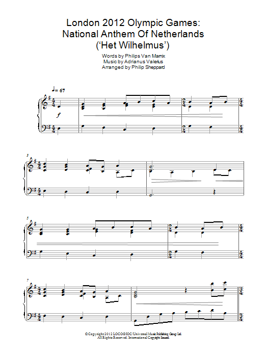 Philip Sheppard London 2012 Olympic Games: National Anthem Of Netherlands ('Het Wilhelmus') sheet music notes and chords arranged for Piano Solo