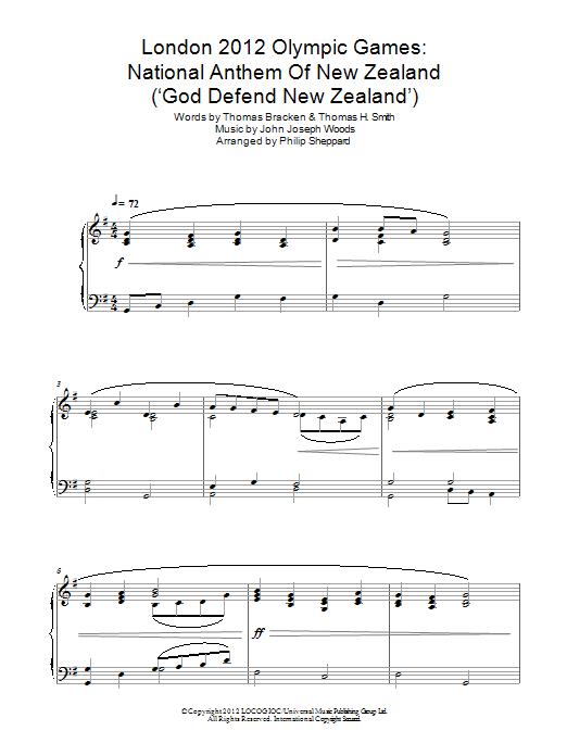 Philip Sheppard London 2012 Olympic Games: National Anthem Of New Zealand ('God Defend New Zealand') sheet music notes and chords arranged for Piano Solo