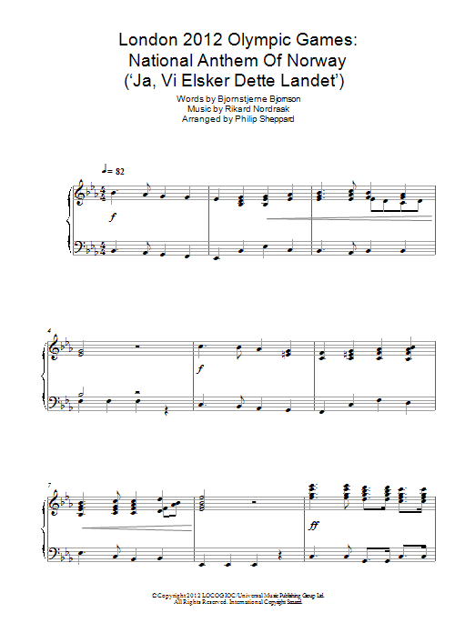 Philip Sheppard London 2012 Olympic Games: National Anthem Of Norway ('Ja, Vi Elsker Dette Landet') sheet music notes and chords arranged for Piano Solo