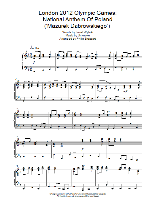Philip Sheppard London 2012 Olympic Games: National Anthem Of Poland ('Mazurek Dabrowskiego') sheet music notes and chords arranged for Piano Solo