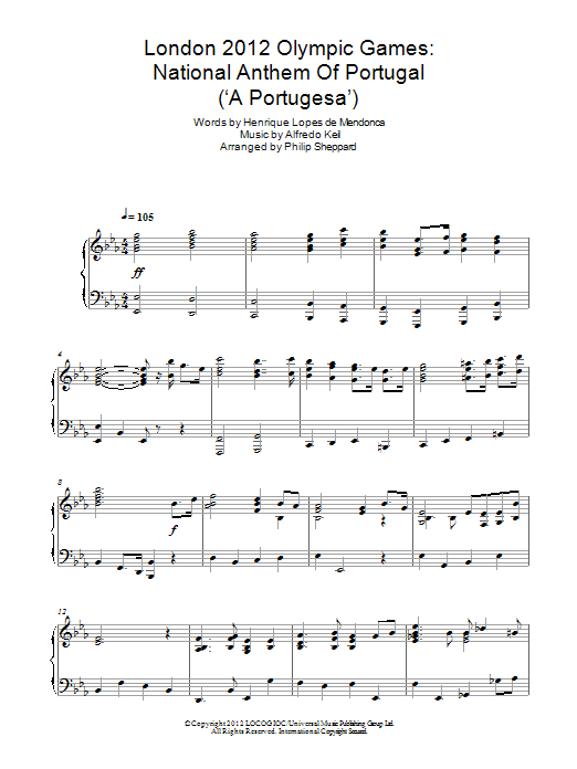 Philip Sheppard london 2012 Olympic Games: National Anthem Of Portugal ('A Portugesa') sheet music notes and chords arranged for Piano Solo