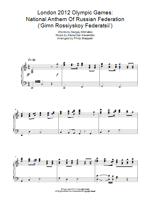 Philip Sheppard London 2012 Olympic Games: National Anthem Of Russian Federation ('Gimn Rossiyskoy Federatsii') sheet music notes and chords arranged for Piano Solo