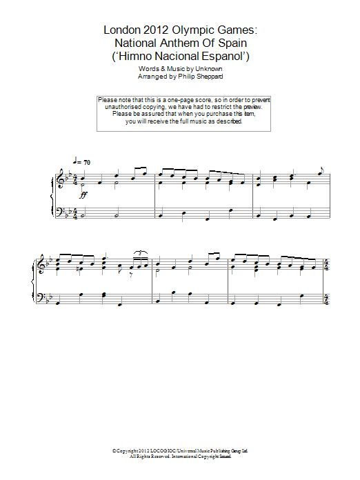Philip Sheppard London 2012 Olympic Games: National Anthem Of Spain ('Himno Nacional Espanol') sheet music notes and chords arranged for Piano Solo