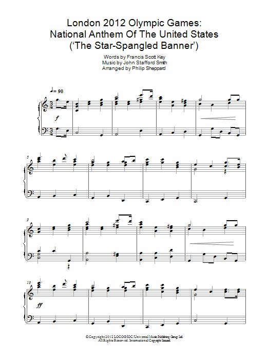Philip Sheppard London 2012 Olympic Games: National Anthem Of The United States ('The Star-Spangled Banner') sheet music notes and chords arranged for Piano Solo
