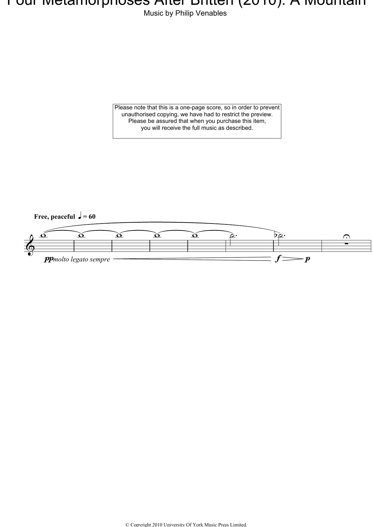 Philip Venables Four Metamorphoses After Britten (2010): A Mountain sheet music notes and chords arranged for Oboe Solo
