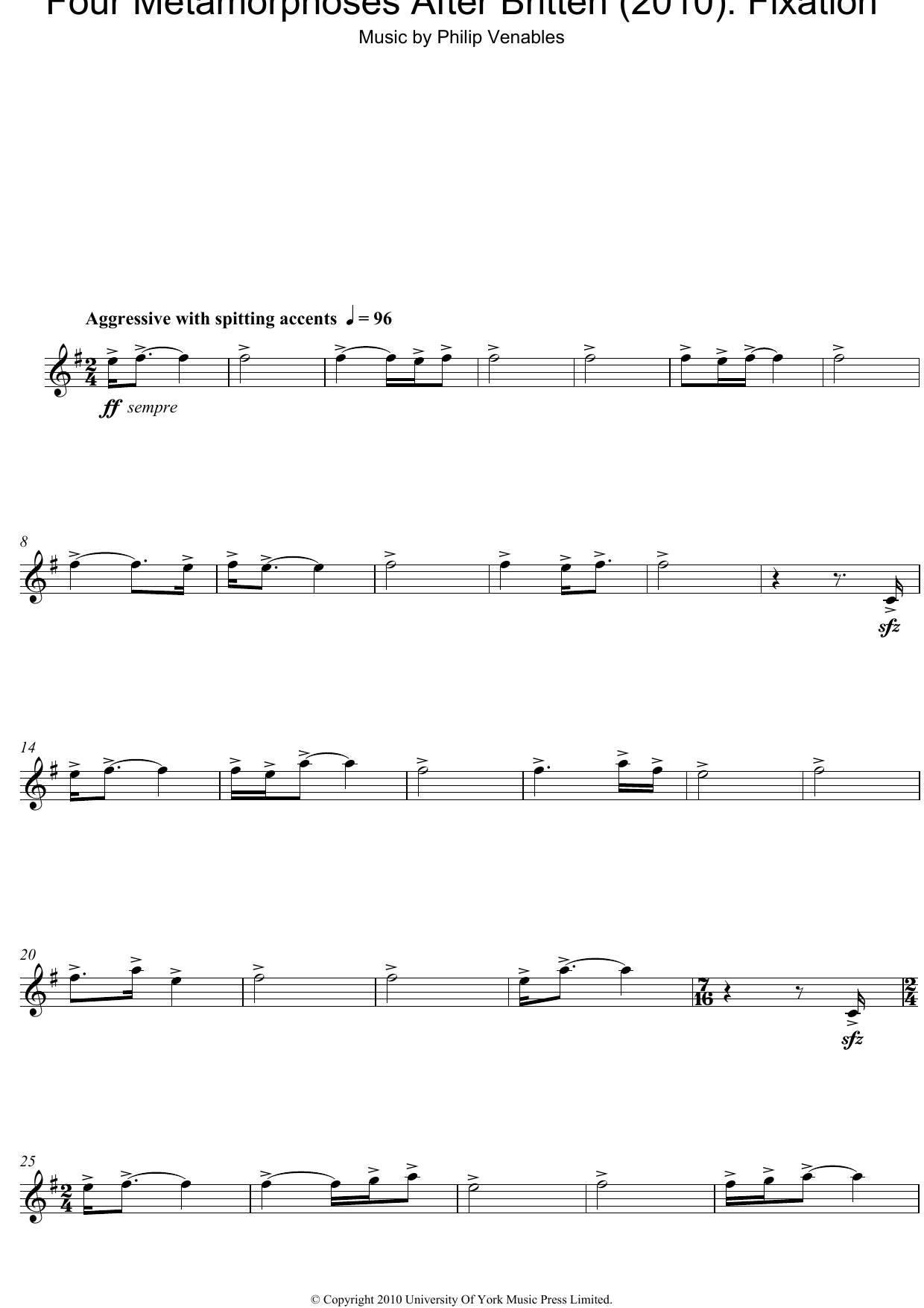 Philip Venables Four Metamorphoses After Britten (2010): Fixation sheet music notes and chords arranged for Oboe Solo