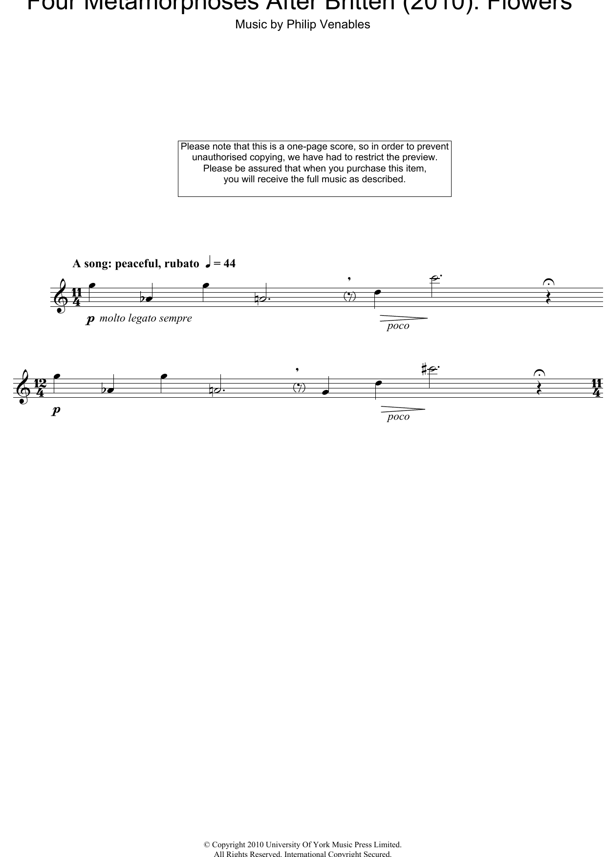Philip Venables Four Metamorphoses After Britten (2010): Flowers sheet music notes and chords arranged for Oboe Solo