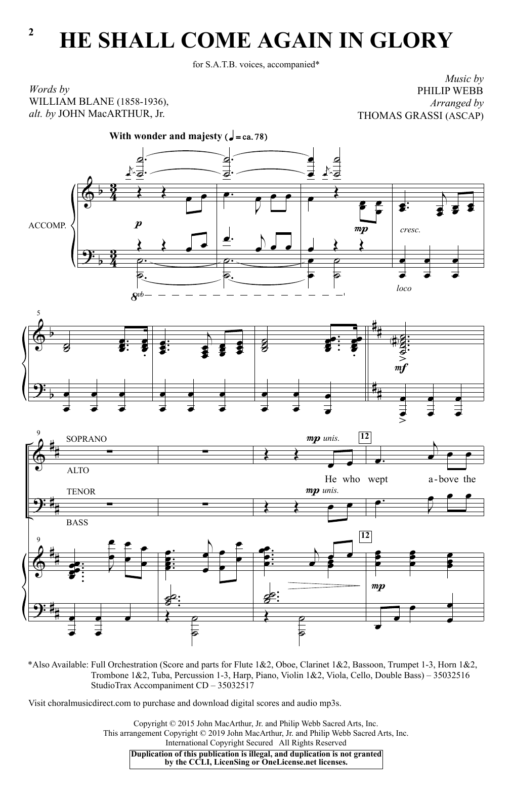 Philip Webb He Shall Come Again In Glory (arr. Thomas Grassi) sheet music notes and chords arranged for SATB Choir