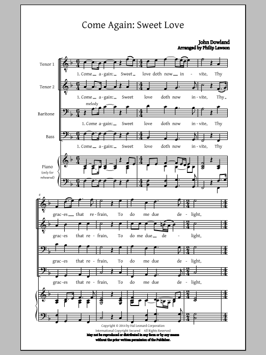 Philip Lawson Come Again, Sweet Love (Collection) sheet music notes and chords arranged for TTBB Choir