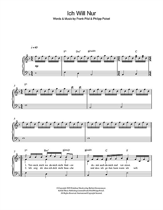 Philipp Poisel Ich Will Nur sheet music notes and chords arranged for Easy Piano