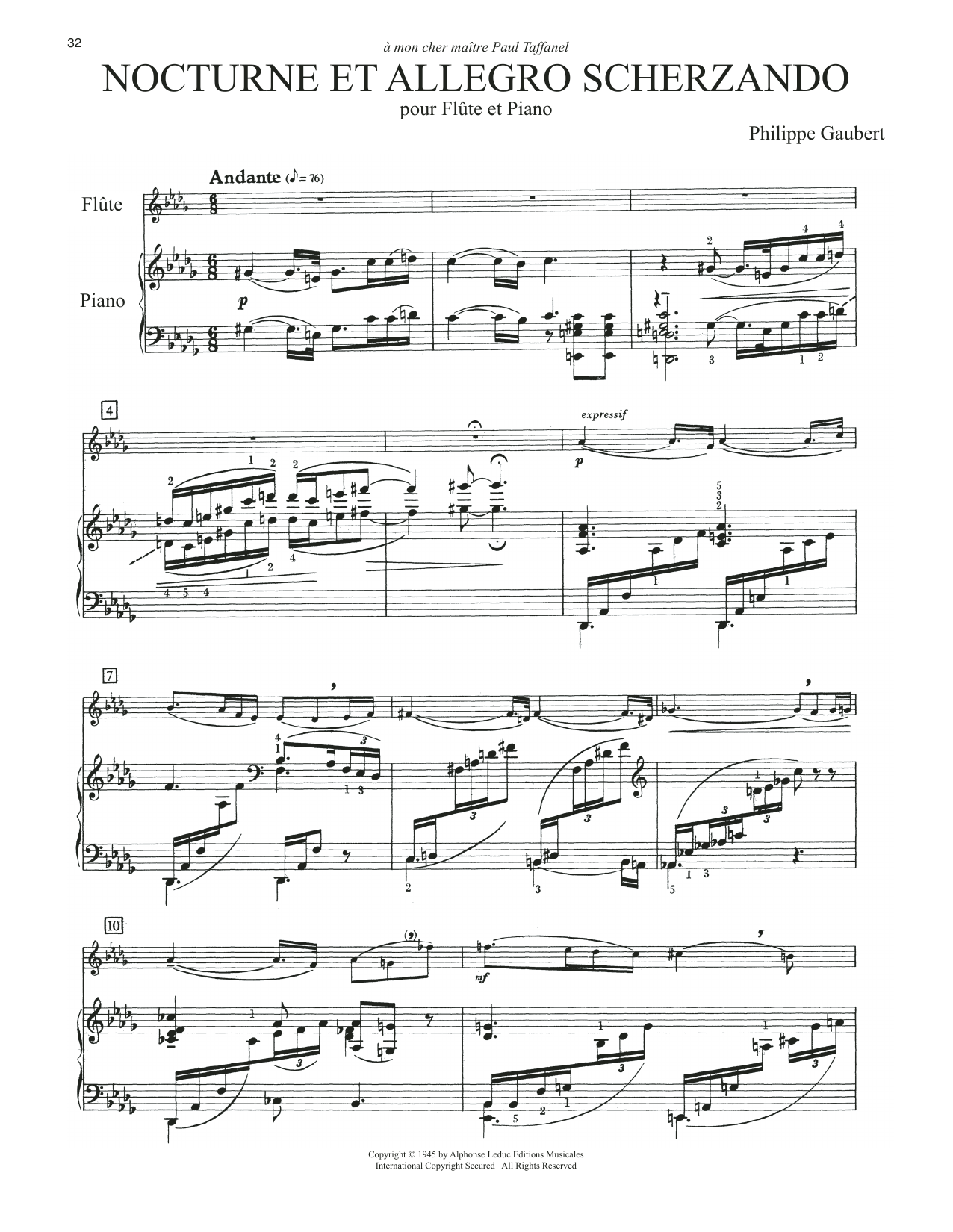 Philippe Gaubert Nocturne Et Allegro Scherzando sheet music notes and chords arranged for Flute and Piano
