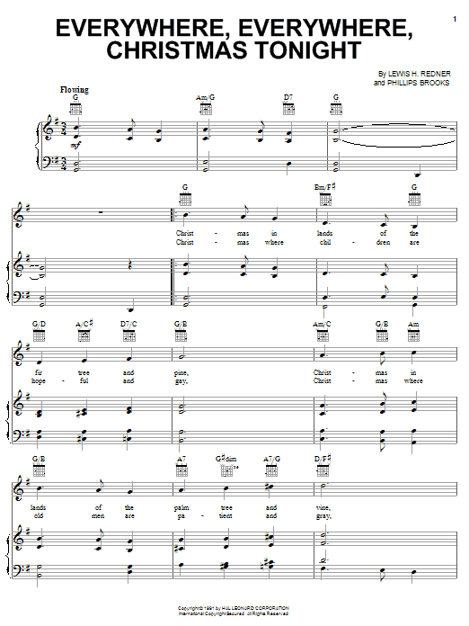 Phillip Brooks Everywhere, Everywhere, Christmas Tonight sheet music notes and chords arranged for Piano, Vocal & Guitar Chords (Right-Hand Melody)