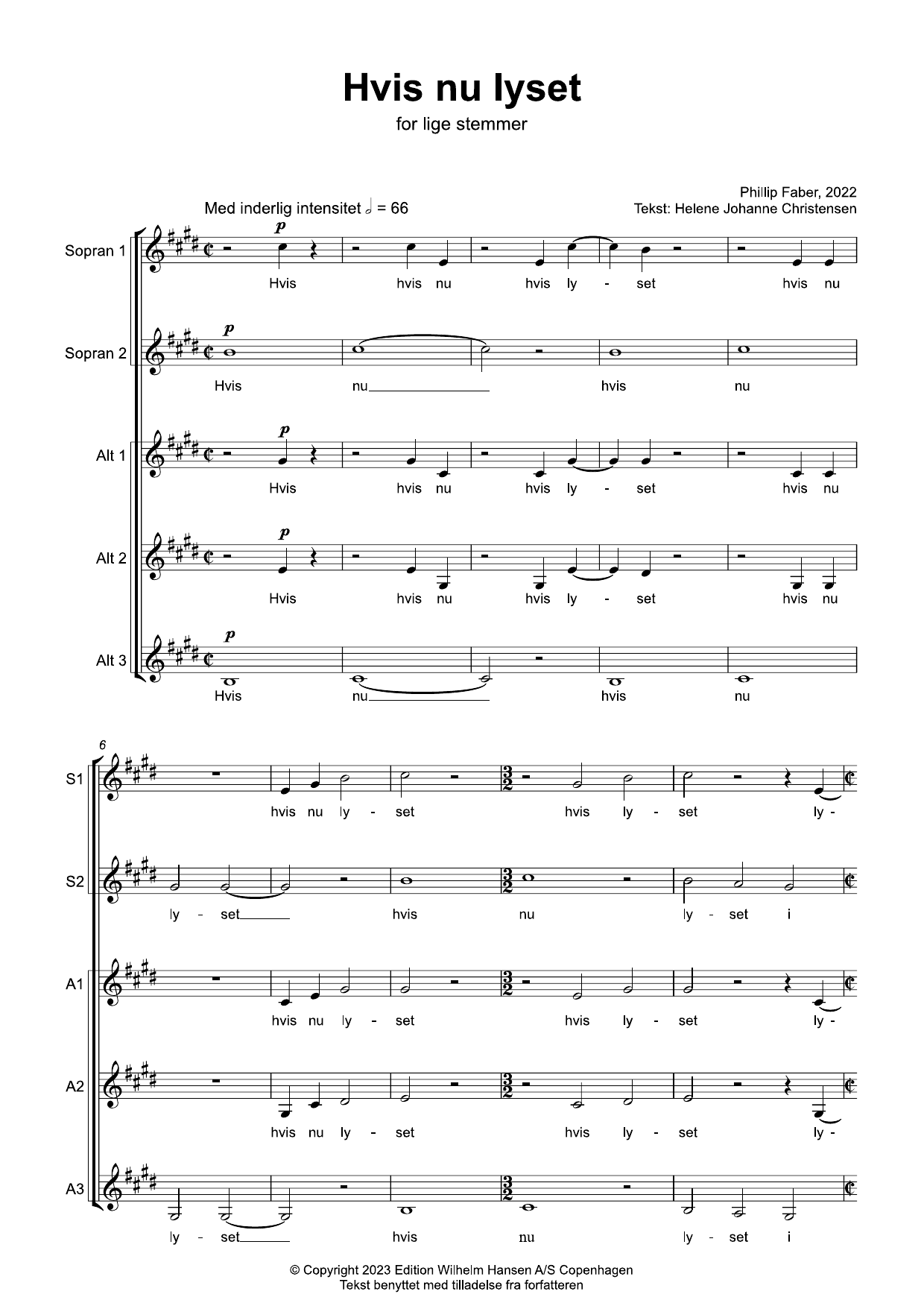 Phillip Faber Hvis Nu Lyset (SSAAA) sheet music notes and chords arranged for Choir