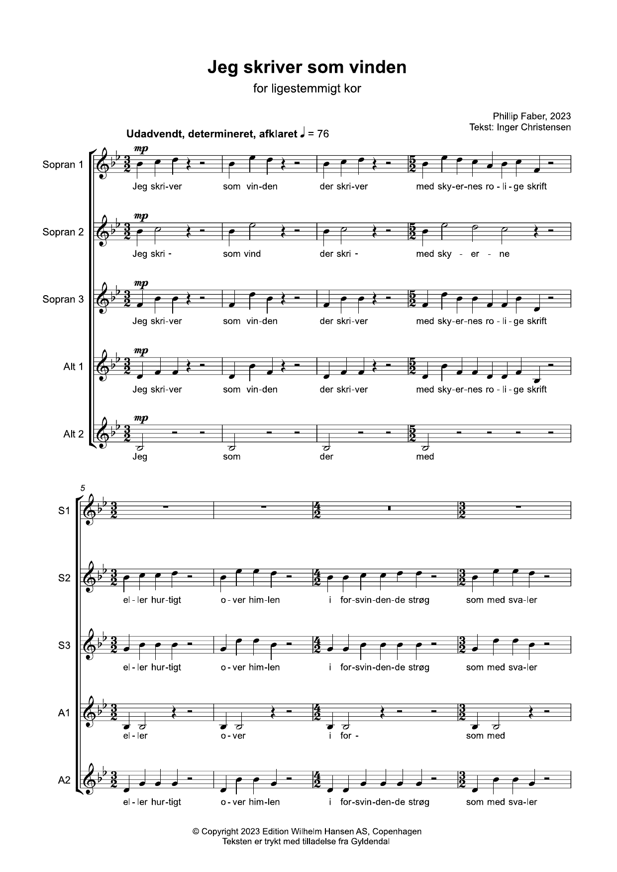 Phillip Faber Jeg Skriver Som Vinden sheet music notes and chords arranged for Choir