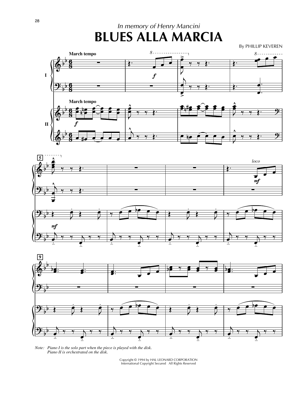 Phillip Keveren Blues Alla Marcia (from Presto Scherzo) (for 2 pianos) sheet music notes and chords arranged for Piano Duet
