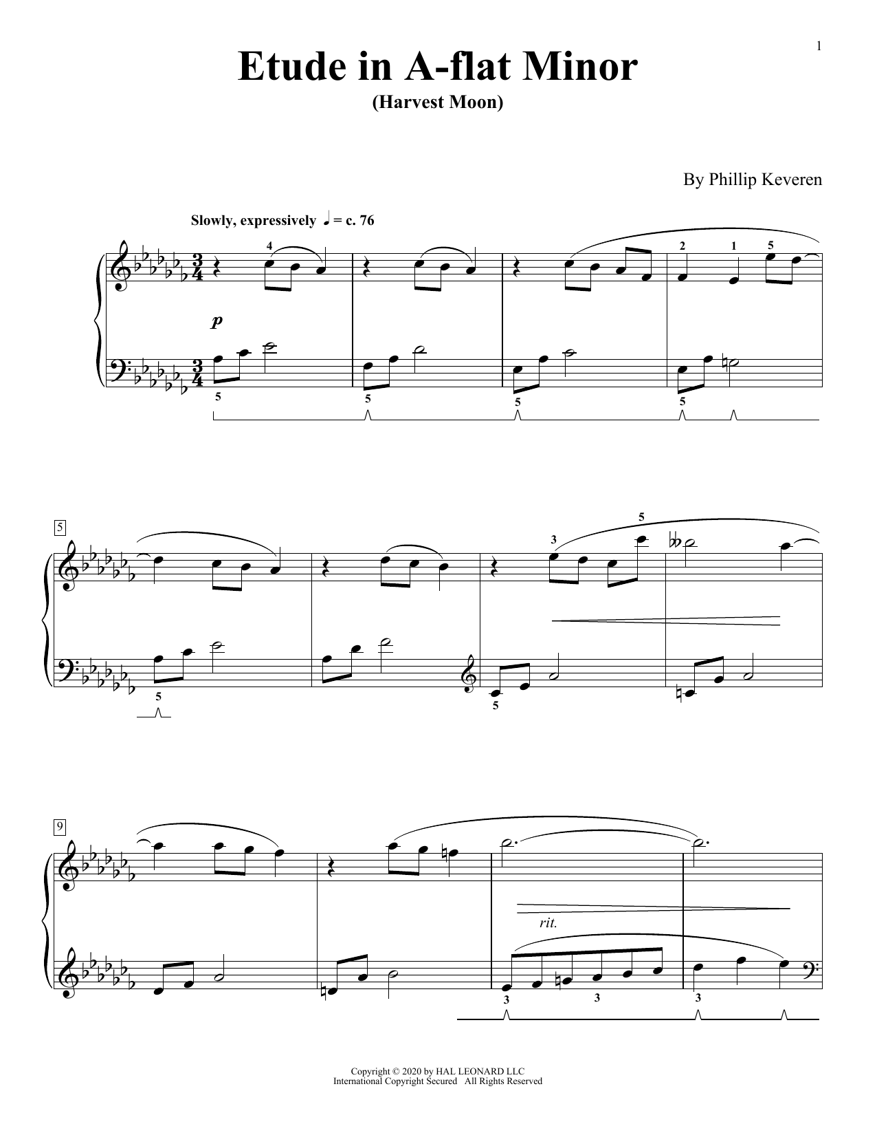 Phillip Keveren Etude In A-Flat Minor (Harvest Moon) sheet music notes and chords arranged for Piano Solo