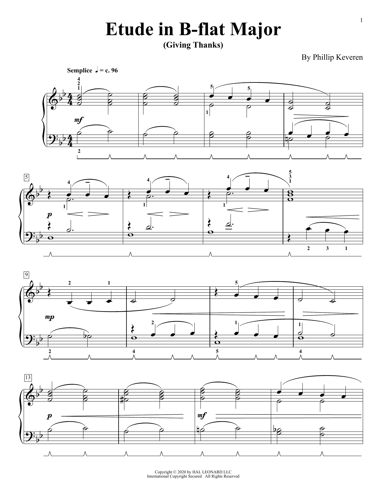 Phillip Keveren Etude In B-Flat Major (Giving Thanks) sheet music notes and chords arranged for Piano Solo