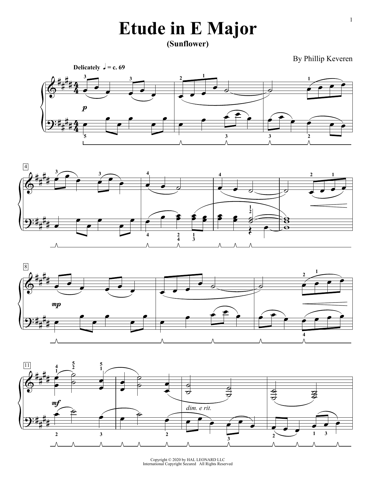 Phillip Keveren Etude In E Major (Sunflower) sheet music notes and chords arranged for Piano Solo
