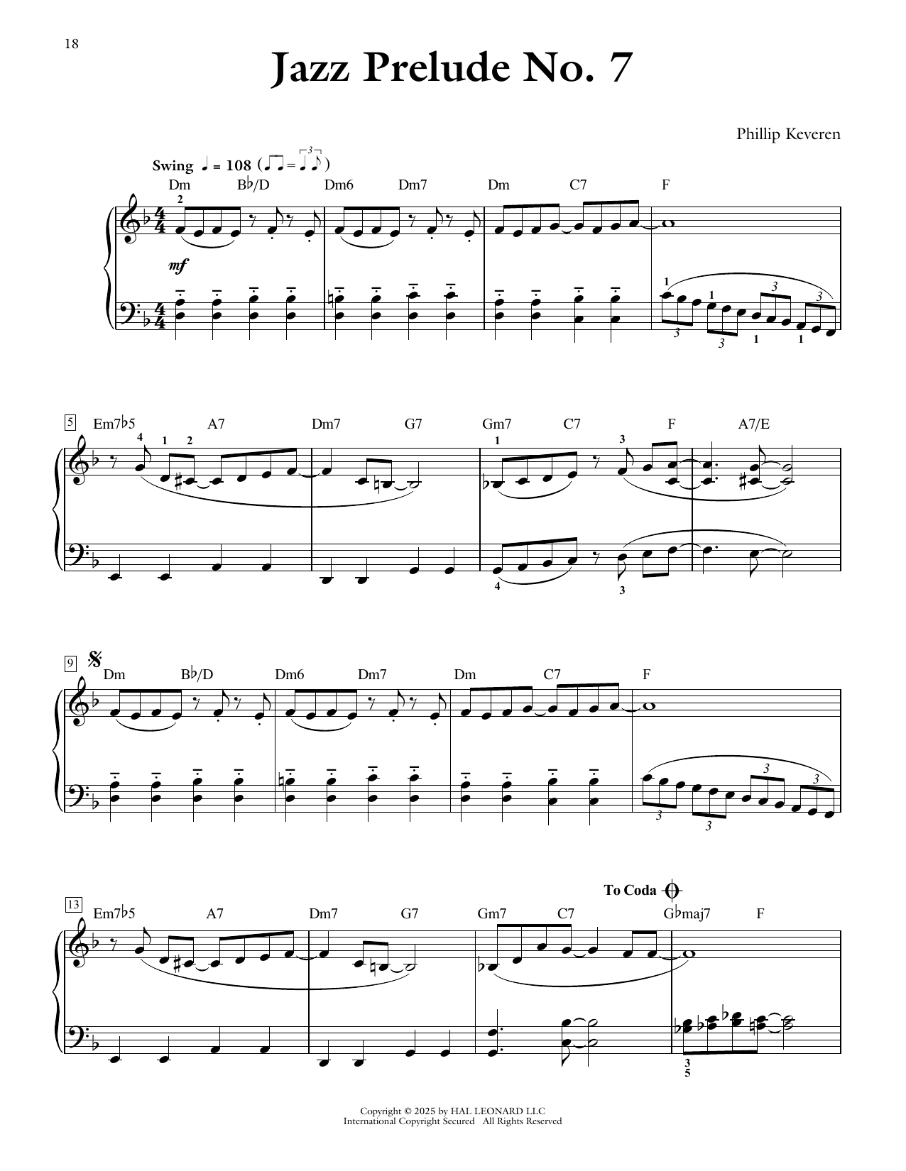 Phillip Keveren Jazz Prelude No. 7 sheet music notes and chords arranged for Piano Solo